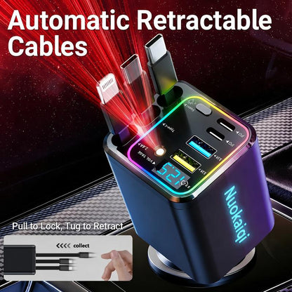 ⏳Offre à durée limitée : 50 % de réduction⏰Chargeur de voiture à charge rapide avec câble 7 en 1, prise extensible et indicateur de tension – USB-C pour Android et Lightning pour Apple🔋📱
