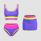 🏖️Offre spéciale 50 % de réduction🌼Ensemble de bikini sportif 3 pièces en nylon patchwork color block - Maillot de bain taille haute et contrôle du ventre👙🌈