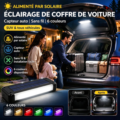🔆 Éclairage LED solaire de coffre pour voiture – Capteur automatique, sans fil, 6 couleurs, pour SUV et véhicules