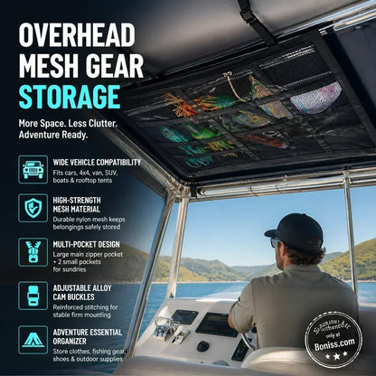 🚤🎣 Filet de rangement plafond – Multi-compartiments, réglable, idéal pour SUV, fourgons, 4x4, bateaux et tentes de toit, rangez votre matériel de pêche et vos affaires d’extérieur sans encombrer l’habitacle 🌿✅