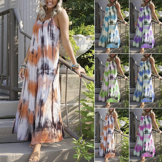 Robe longue de plage tie-dye à bretelles spaghetti pour femmes