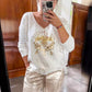 ✨ Ensemble 2 pièces pour femme : haut en feuille d'or avec motif « œil du diable » et pantalon à paillettes ✨