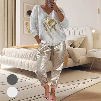 ✨ Ensemble 2 pièces pour femme : haut en feuille d'or avec motif « œil du diable » et pantalon à paillettes ✨