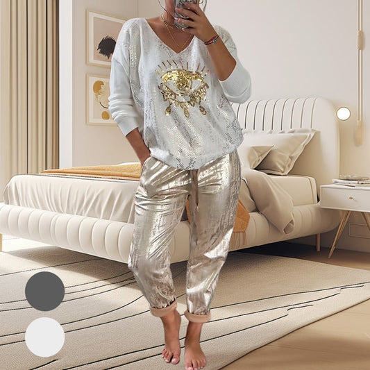 ✨ Ensemble 2 pièces pour femme : haut en feuille d'or avec motif « œil du diable » et pantalon à paillettes ✨