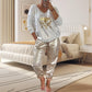 ✨ Ensemble 2 pièces pour femme : haut en feuille d'or avec motif « œil du diable » et pantalon à paillettes ✨