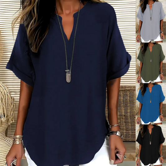 💎 50% DE RÉDUCTION ! 💎 Haut Ample à Manches Courtes & Col en V – Tissu Léger, Ourlet Asymétrique, 5 Couleurs (S–2XL) 👚🌿