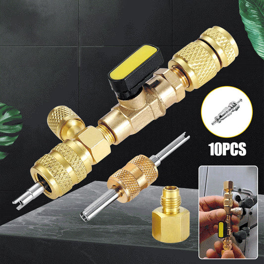 🔧❄️✨ PROMO -50% ! Outil de Retrait de Noyau de Valve Climatisation – Laiton, Double Ports SAE & 10 Noyaux Inclus
