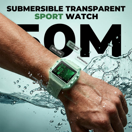 ⌚ Montre Numérique Transparente — Étanche 50M, Boitier Givré, Rétroéclairage LED, Chrono, 7 Couleurs, Sport & Quotidien ✨
