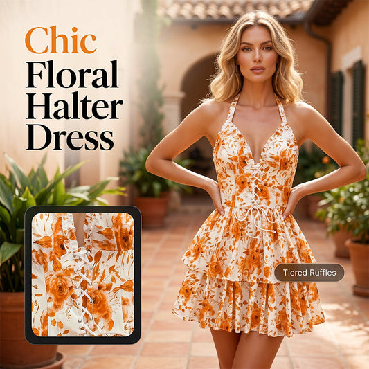 👗🌸 OFFRE LIMITÉE : 50 % DE RÉDUCTION ! Robe mini imprimée dos nu à nouer pour femme – Fermeture à lacets, dos smocké et jupe à volants étagés ✨