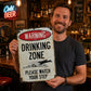 Retro Metal Drinking Zone Warning Sign for Bar Decor