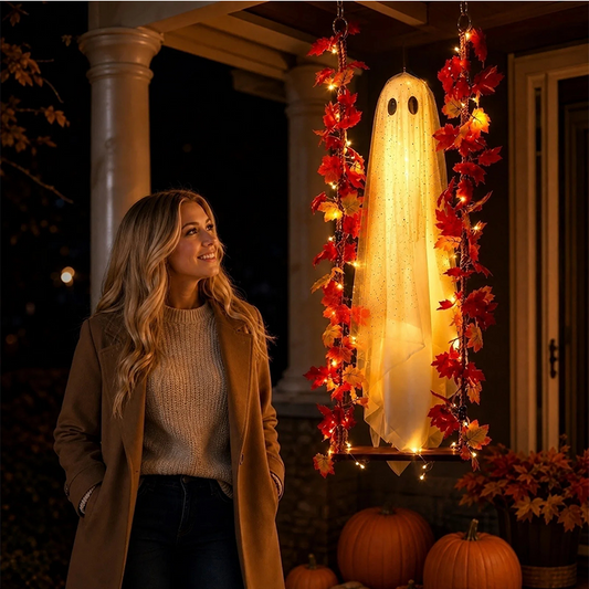 Fantôme d'Halloween suspendu à une balançoire avec télécommande LED et feuilles d'érable