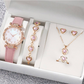 Ensemble montre à quartz et bijoux 5 pièces pour femme – Montre élégante à motif floral, bracelet, collier, boucles d'oreilles et bague assortis – Idéal pour un anniversaire, la fête des mères ou toute autre occasion spéciale.