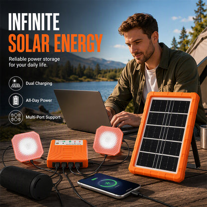 ☀️🔋 Système d'énergie solaire portable – Générateur solaire USB/Type-C avec 2 lampes LED