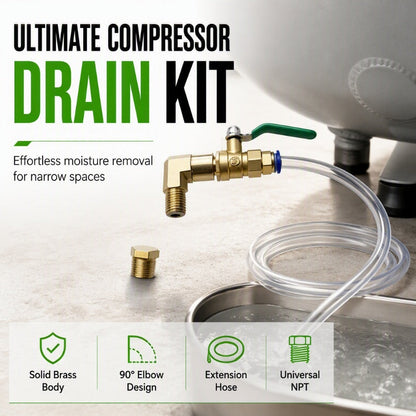 🔧 -50% ! 💨 Kit de Vanne de Vidange pour Compresseur d’Air Universel – Laiton + PVC – Coude 90° – Tuyau 0,5 m / 1,5 m – Levier Ergonomique Vert 🛠️