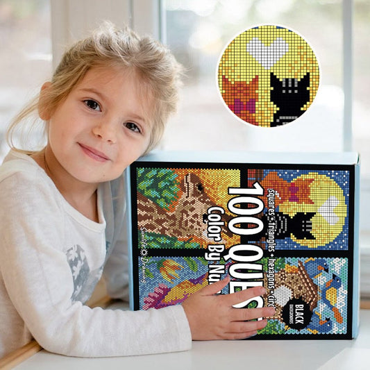 ✨ 100 motifs géométriques à colorier par numéro – sur fond noir, incluant des feutres aquarelle double pointe et une boîte de rangement !