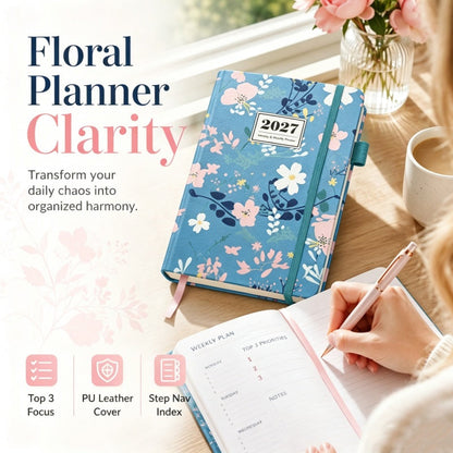 Agenda hebdomadaire élégant à motif floral pour l'année 2027