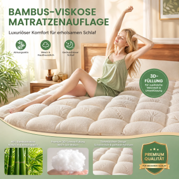 【SUEEAN】 surmatelas en fibre de bambou viscose, surmatelas matelassé, doux, respirant et soulageant la pression, avec poches extensibles pour matelas jusqu’à 40 cm
