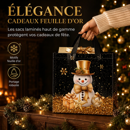 🎁✨ Sac Cadeau Fourre-Tout en Non-Tissé de Noël Noir – Motif Feuille d'Or, Poignées Solides et Tissu Réutilisable