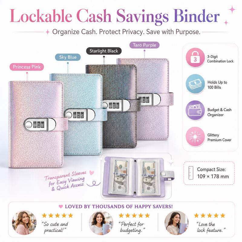 Classeur budget pailleté avec cadenas à code, des pochettes – 6 couleurs