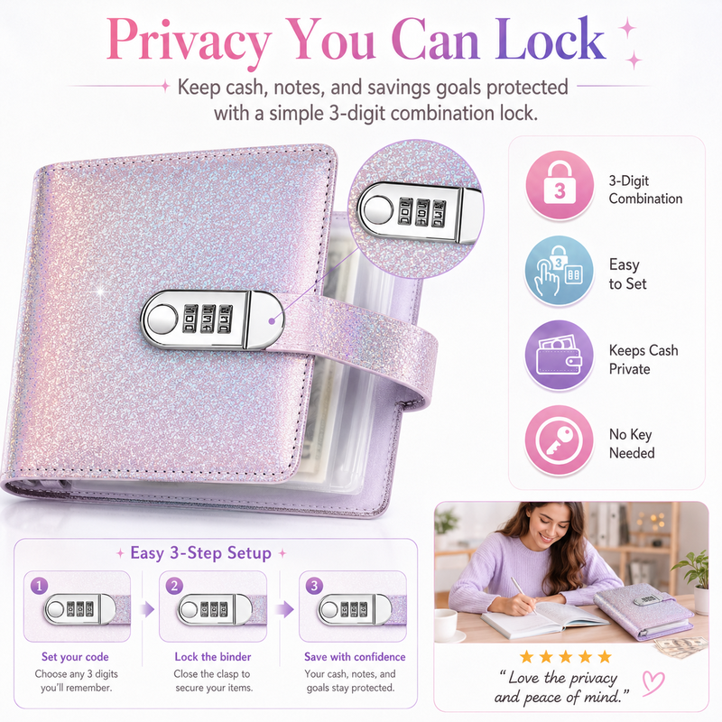 Classeur budget pailleté avec cadenas à code, des pochettes – 6 couleurs