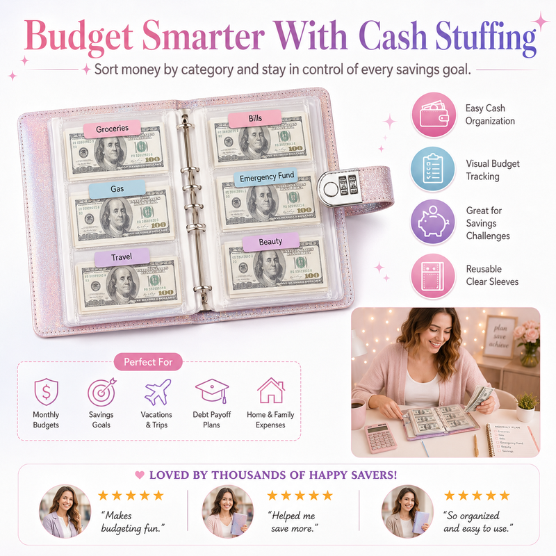 Classeur budget pailleté avec cadenas à code, des pochettes – 6 couleurs