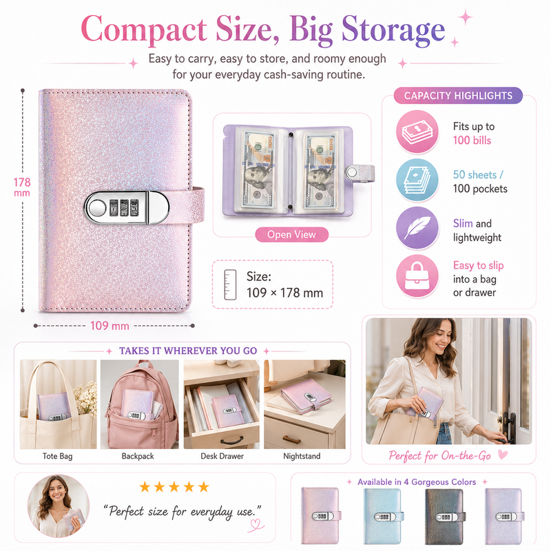 Classeur budget pailleté avec cadenas à code, des pochettes – 6 couleurs
