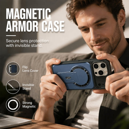 Étui magnétique pour téléphone avec cache-objectif rabattable et support invisible