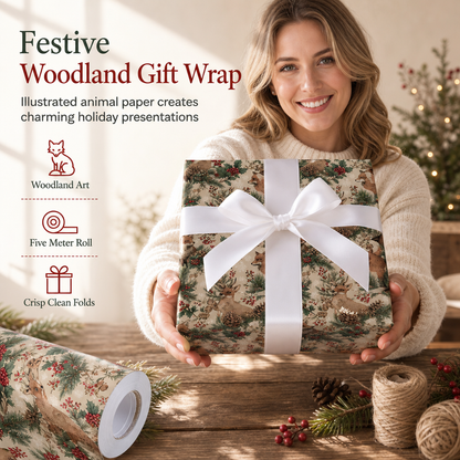 🎁 Papier cadeau Noël Forêt – Motifs festifs de forêt de Noël sur un rouleau de 5 mètres